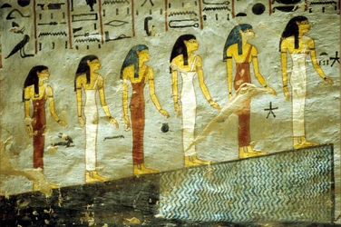 Forntida Egypten, Målning, Ramses I:s grav, Thebe, Sex gudinnor som representerar nattens sex första timmar, stiger upp för ett berg under vilket det finns en damm