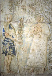 Forntida Egypten, Väggristning/-målning, Petosiris grav, Tuna el Gebel, 300 f.Kr, Petosiris och hans hustru (foto)