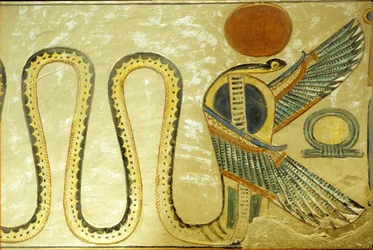 Forntida Egypten, väggmålning, Amonherkhepeshefs grav, uraeusar och bevingade ormar vaktar ingången till gravkammaren, 20:e dynastin, Drottningarnas dal
