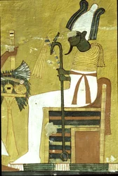 Forntida Egypten, Väggmålning Inherkhaus grav, Thebe, Osiris sittande framför offerbord, 20:e dynastin (foto)