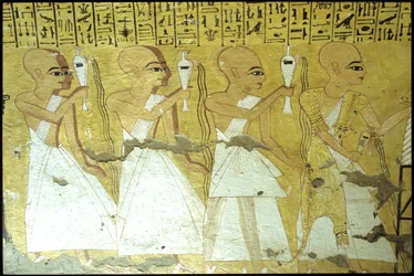Forntida Egypten, Väggmålning Inherkhau-graven, Thebe, Adelns grav, 20:e dynastin, Präster häller libationer för Inherkhau (foto)