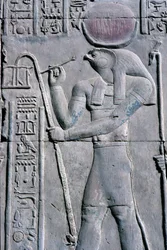 Forntida Egypten, Väggmålning/ristning, Horus skriver på papyrusrulle, Sebeks och Horus tempel, Kom Ombo (foto)