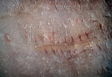 Forntida Egypten: kalkstensrelief som representerar en kanot från kapellet i Mastaba i Akhethetep, omkring 2300 f.Kr. 5:e dynasti. Gamla imperiet. Från Saqqara (Sakkara). Paris, Louvren