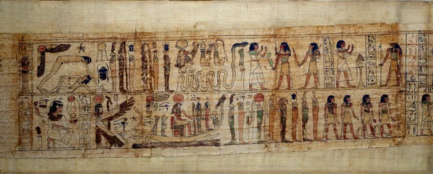 Forntida egyptisk konst Mytologisk Papyrus av Serimen. På toppen: under världens skapelse är guden Geb (Jorden) skild från gudinnan Nout (himlen); gudar och andar från och med. Nedan: Serimen hyllar solen som svämmar över med sin ra