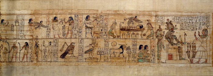 Forntida egyptisk konst Mytologisk Papyrus av Serimen. Överst: Serimen älskar guden Osiris representerad av dess emblem i staden Abydos. De dödas själ i form av en fågel flyger över hans mumie bevakad av gudinnorna Isis (vänster) och Nephtys (höger)