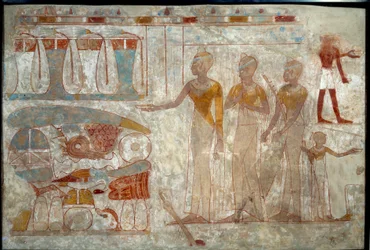 Forntida egyptisk konst: musiker vid en bankett. Målning på silt (omkring 1400 f.Kr.).