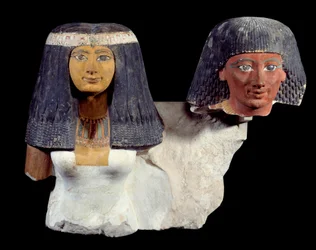 Konsten i det antika Egypten: Senynefer och hans hustru Hatshepsut (1410 f.Kr.). Skulptur av den 18:e dynastins nya imperium. Paris, Louvren.