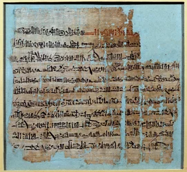 Egyptisk antiken: Papyrus från berättelsen om slaget vid Qadesh under Ramses II:s regering (1246-1213) År 1274 f.Kr., hettitiska imperiet, vars centrum var i Anatolien, och Ramessid Egypten. Sön 0,2x0,23 m Paris, Louvren
