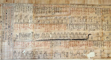 Egyptiska antiken: Papyrus hämtar från Book of Secretive Homes. Den här boken är en kommenterad representation av solens underjordiska resa under nattens tolv timmar. Först ritar på väggarna i kungliga tomerna, det transkriberades sedan på