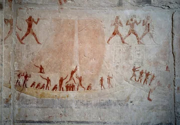 Egyptisk antikvitet: en segelbåt. Kalkstensrelief från kapellet i Mastaba av Akhethetep i Saqqara. 5:e dynastin (omkring 2500-2350 f.Kr.) 2300 f.Kr. Paris, Louvren