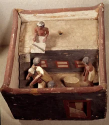Egyptisk antikvitet: vindsmodell med skriftlärare som registrerar spannmålspriset. Tillverkad i målat trä. 12:e dynastin, Mellanriket (2033-1710 f.Kr.). Från Assiut. Dämpa. 0,32x0,44 m. Louvren, Paris
