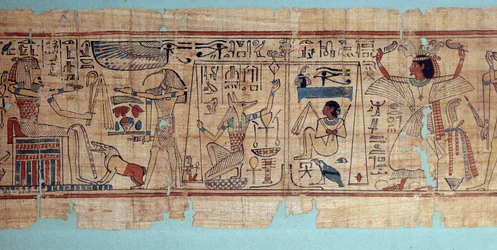 Egyptisk antikvitet: detalj av den mytologiska papyrusen från Neskapashouty, bokförare över kornen på Amons vind. Anubis väger den avlidnes hjärta (själ). 21:a dynastin