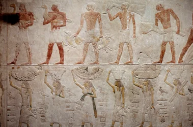 Egyptisk antikvitet: män som bär ankor. Kalkstensrelief från kapellet i Mastaba av Akhethetep i Saqqara. 5:e dynastin (omkring 2500-2350 f.Kr.) 2300 f.Kr. Paris, Louvren