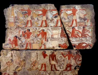 Egyptisk antikvitet: målning av Metchetchis mastaba. Scen för det dagliga livet (jakt, fiske, offer) i Egypten vid tiden för den 6:e dynastin. 2400-2300 f.Kr. Från platsen för Saqqara (Sakkara)