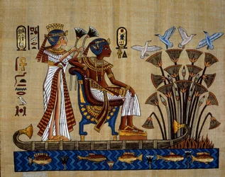 Egyptiska antikviteter: ”Faraonen och hans hustru i papyrusen”. Papyrus, Nya riket