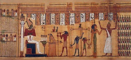 Egyptiska fornlämningar: själarnas vägning, papyrus ur Chahapiimous Dödsbok, föreståndare för Amons astronomer. Ptolemaisk tid (332-30 f.Kr.). Omkring 500-100 f.Kr. Paris, Louvren.