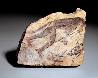 Ostrakon-figur: apa som spelar dubbelflöjt (aulos) för att få en man att dansa. Från platsen för Deir el-Medineh (kalksten, ca 1295-1186)