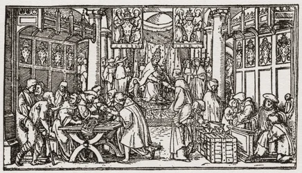 En försäljning av avlatsbrev under Tudor-perioden i England (gravyr)