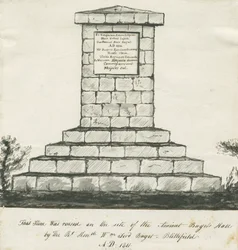 Blithfield - Memorial på platsen för Ancient Bagots Hall: sepiateckning, nd [1800-talet] (ritning)