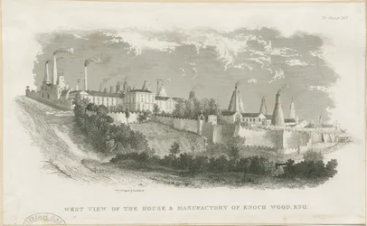 Burslem - Enoch Wood & Sons hus och fabrik: gravyr, nd [?1800-talet] (tryck)