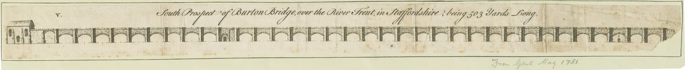 Burton-upon-Trent Bridge and Town: gravyr, nd [1751] (tryck)