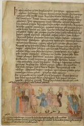 Cotton Claudius B. IV, f.58v En scen som visar anglosaxisk rättvisa, illustration från (vellum)