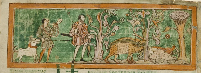 Bomull MS Tiberius B V/1 f.7 Grisar som betar, från en samling anglosaxiska diverse (vellum)