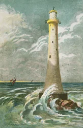 Eddystone Lighthouse utanför Plymouth (färg litho)