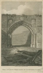 Lichfield - Ancient West Gate of The Close: gravyr, nd [c 1805] (tryck)