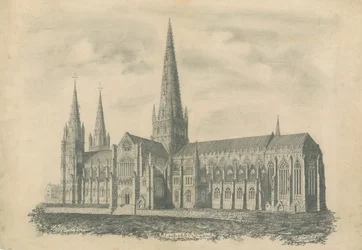 Lichfields katedral - sydöstra vyn: gravyr, nd [?1800-tal] (tryck)