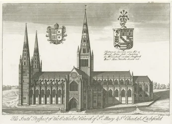 Lichfield Cathedral - South View: gravyr och [tidigt 1700-tal] (tryck)