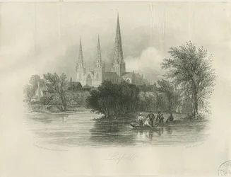 Lichfield Cathedral - South West View: gravyr (vinjeterad), nd [c 1842] (tryck)
