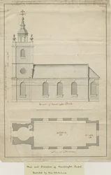 Marchington Church - Exteriör höjd och inre plan: pennteckning, nd [?mitten av 1700-talet] (ritning)