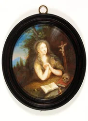 Maria Magdalena lutad mot en bank, hennes ögon upphöjda till ett krucifix (emalj)
