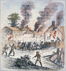 Nipmuc-indianer attackerar bosättningen Brookfield, Massachusetts i augusti 1675 (färgad gravyr)