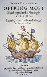 Broschyr som uppmuntrar kolonister att åka till Virginia i Amerika, publicerad 1609 (färg litho)