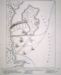 Plan för nederlaget för den amerikanska flottan vid Champlainsjön (litho)