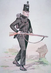 Menig från 95th Rifles, ca 1810, beväpnad med Baker Rifle, designad av Ezekiel Baker från London (färg litho)