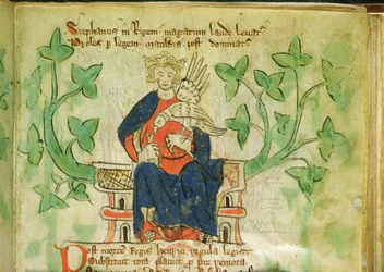 Roy.20 A II f.7 Kung Stefan på tronen, skriven under Edward II:s regeringstid (1284-1327)