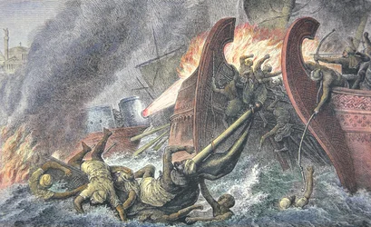 Fartyg som förstördes av grekisk eld (färg litho)