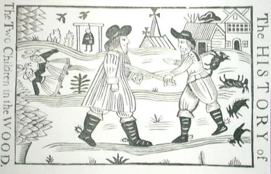Historien om de två barnen i skogen, från en samling kapitelböcker om esoterik, c14-17 (träsnitt)
