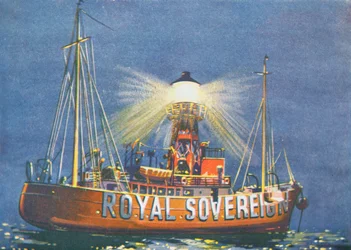 The Royal Sovereign Lightship, stationerad utanför Beachy Head, Storbritannien (färg litho)