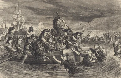Vildgässen – jakobitiska irländska soldater lämnar Limerick för Frankrike 1691 (gravyr)