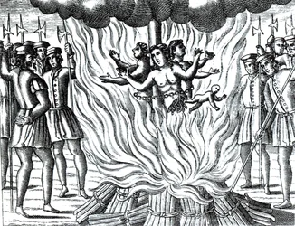 Berättelsen om de tre martyrerna från Guernsey som brändes på bål, från en utgåva av "Acts and Monuments" av John Foxe (1516-87) (gravyr)