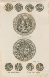 Tutbury - Tavla med medeltida mynt: gravyr, nd [c 1832] (tryck)