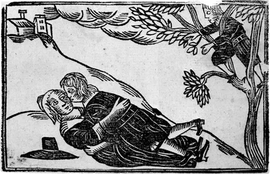 Två personer som har sex, från "A Book of Roxburghe Ballads" (träsnitt) (svartvitt foto)