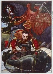 Knight möter ett monster som kommer ur en brunn