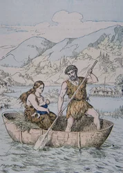 Forntida galler i Coracle-typ båt (färg litho)