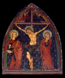 Konst Frankrike, medeltiden: korsfästelse. Målning på trä från Sauvagnat, Puy de dome i Auvergne. Mått: 1,45 x 1,22 m. Paris, Musee De Cluny