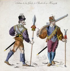 Dräkter av soldater från garde av Karl IX (1550-1574) och Henrik III (1574-1589).